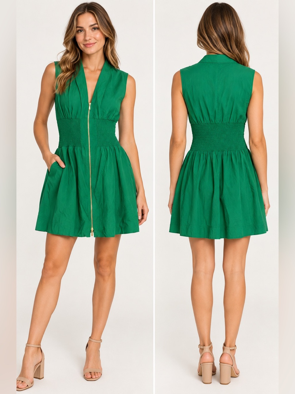 Anthropologie Linen Blend Zip Front Smocked Waist Dress | Green | Size XS NWT